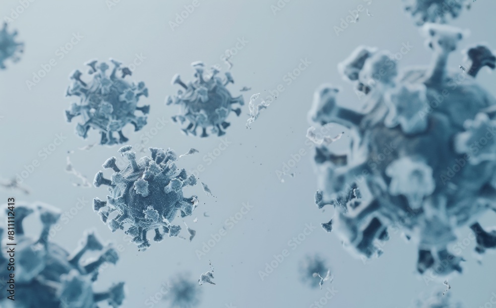 A 3D illustration of multiple virus particles suspended in the air, depicted with a blue tint, highlighting their structure and surface proteins