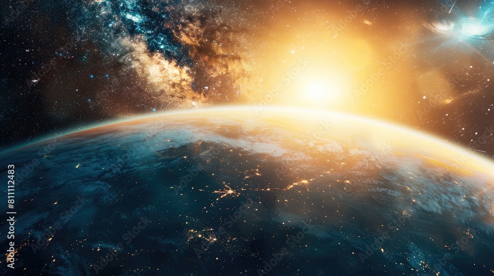 Obraz premium The planet Earth with a mesmerizing sunrise floating in the vastness of space