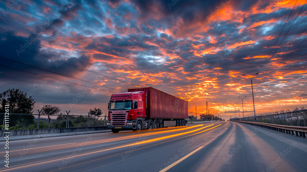 A big truck is driving on the highway with a large container attached to its back. This truck is used to transport cargo from one place to another A big truck is driving on the highway with a large container attached to its back. This truck is used to transport cargo from one place to another