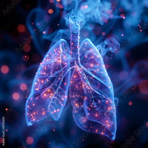 The image shows a pair of healthy lungs with a glowing blue and pink light. The lungs are surrounded by a dark blue background with bright red and pink spots. photo