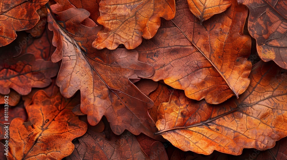 The image shows a pile of brown and orange autumn leaves