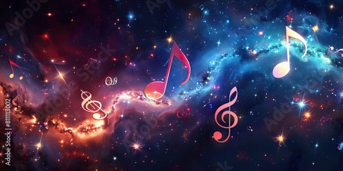 Galactic Harmonies: Music Notes Floating in Space Amongst Stars and Nebulae.