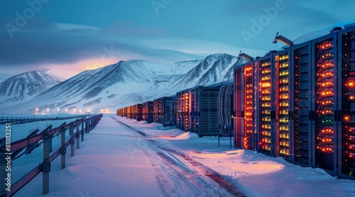 A photograph shows large data center equipment inside the snowy landscape of Svalbard, Norway with mountains in the background