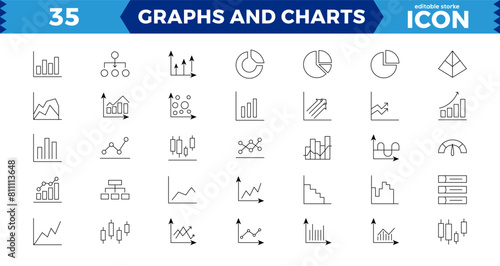 Growing bar graph Pixel Perfect icon set.  Graph and Diagram Related Vector Line Icons. Statistics and analytics vector icon. Statistic and data, charts diagrams, money, down or up arrow.editable stro photo