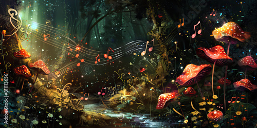 Wonderland Melodies: Music Notes Blending with Whimsical Elements in a Wonderland Setting