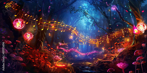 Wonderland Melodies: Music Notes Blending with Whimsical Elements in a Wonderland Setting photo