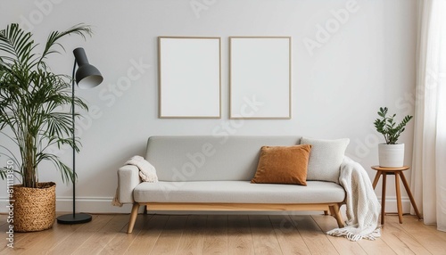 Frame mockup  Scandinavian style home interior with cozy sofa  wall poster frame design  3D render