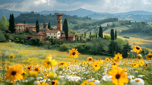 A photo featuring a quaint countryside village nestled in rolling hills. Highlighting the charming architecture and pastoral scenery, while surrounded by fields of wildflowers