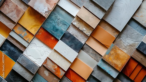High-resolution display of an assortment of vinyl tile samples, focusing on the diversity and detail of patterns photo