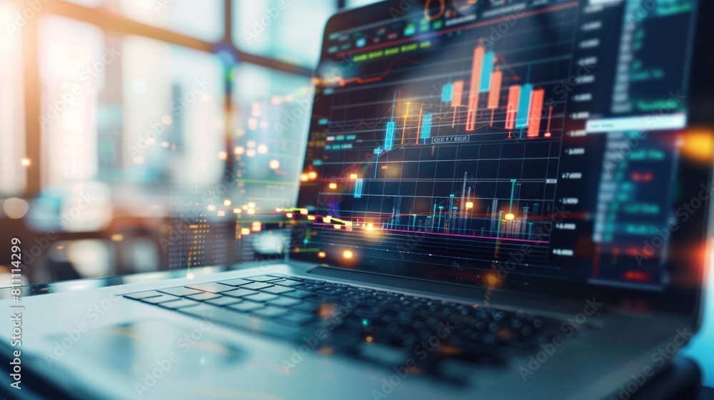 Close-up of a laptop screen showing sales analytics and revenue graphs, monitoring the performance of an online business Close-up of a laptop screen showing sales analytics and revenue graphs, monitoring the performance of an online business