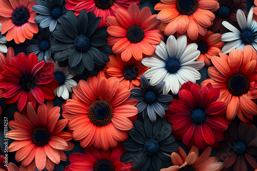 retro theme of gerberas flowers in retro colors  designed for wallpaper  with simple shapes and bold colors. --ar 3 2 --tile --stylize 750