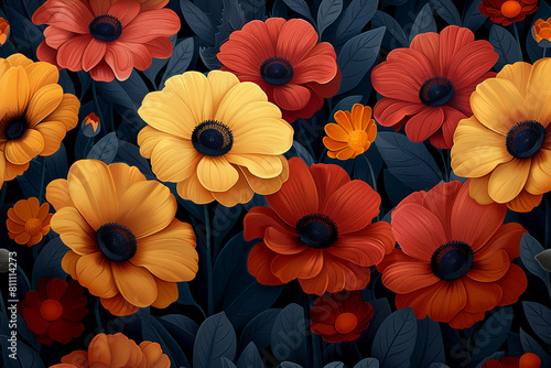 retro theme of gerberas flowers in retro colors  designed for wallpaper  with simple shapes and bold colors. --ar 3 2 --tile --stylize 750