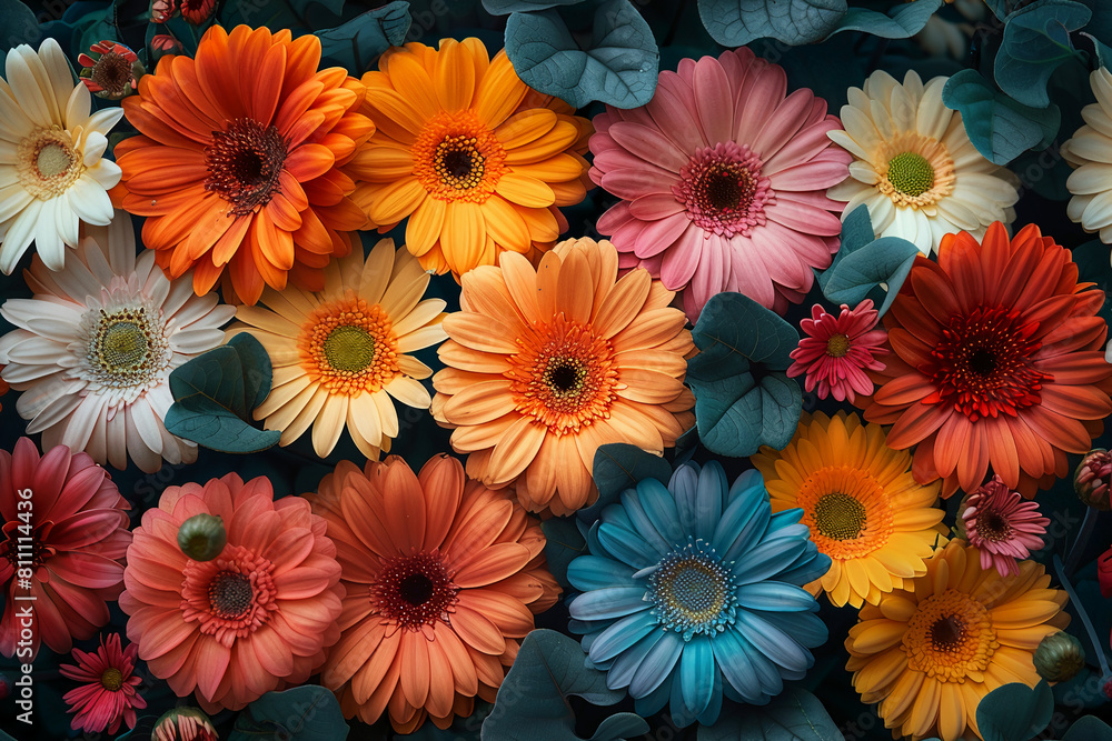 retro theme of gerberas flowers in retro colors, designed for wallpaper, with simple shapes and bold colors. --ar 3:2 --tile --stylize 750 retro theme of gerberas flowers in retro colors, designed for wallpaper, with simple shapes and bold colors. --ar 3:2 --tile --stylize 750