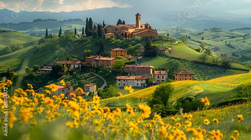 A photo featuring a quaint countryside village nestled in rolling hills. Highlighting the charming architecture and pastoral scenery  while surrounded by fields of wildflowers