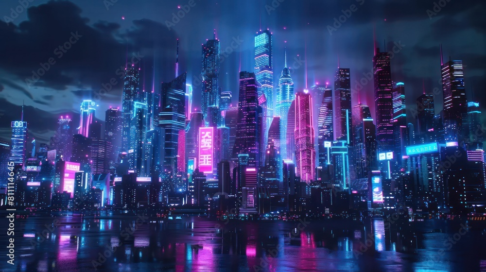 Futuristic city skyline illuminated by neon lights, showcasing cutting-edge technology and innovation Futuristic city skyline illuminated by neon lights, showcasing cutting-edge technology and innovation