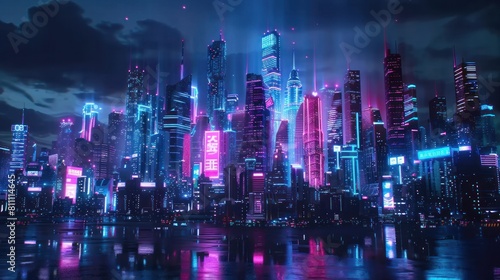 Futuristic city skyline illuminated by neon lights  showcasing cutting-edge technology and innovation