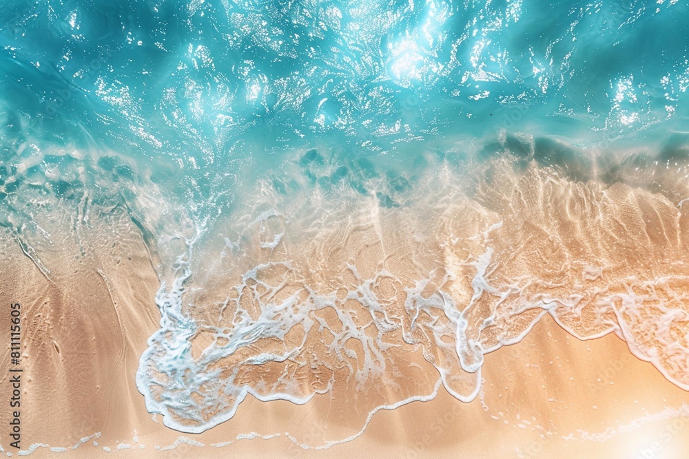3D rendered abstract sandy beach from above with clear blue water waves and sun rays, summer vacation background.