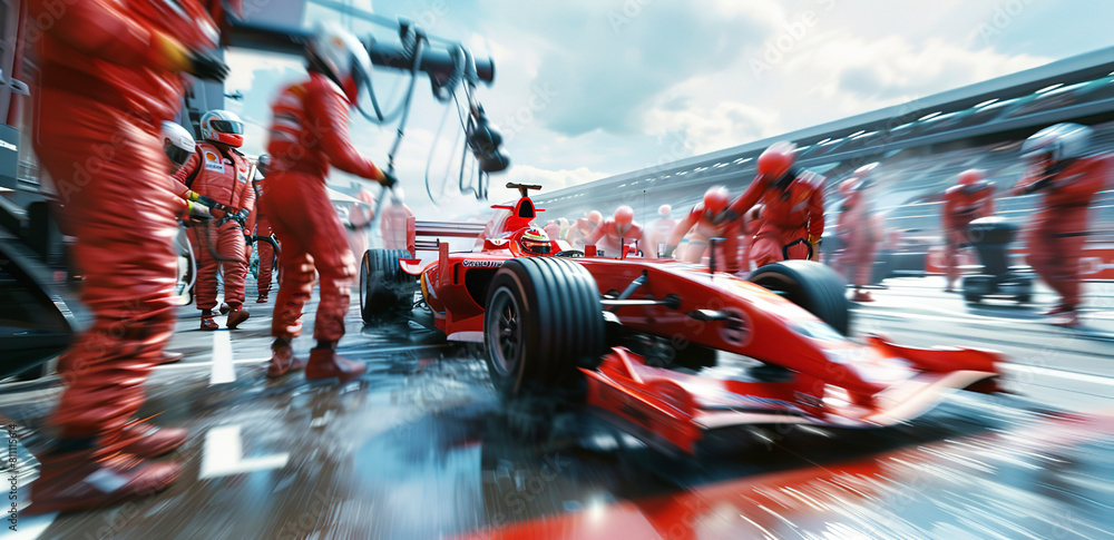 Obraz premium A red Formula One car in a pit stop with a racing crew