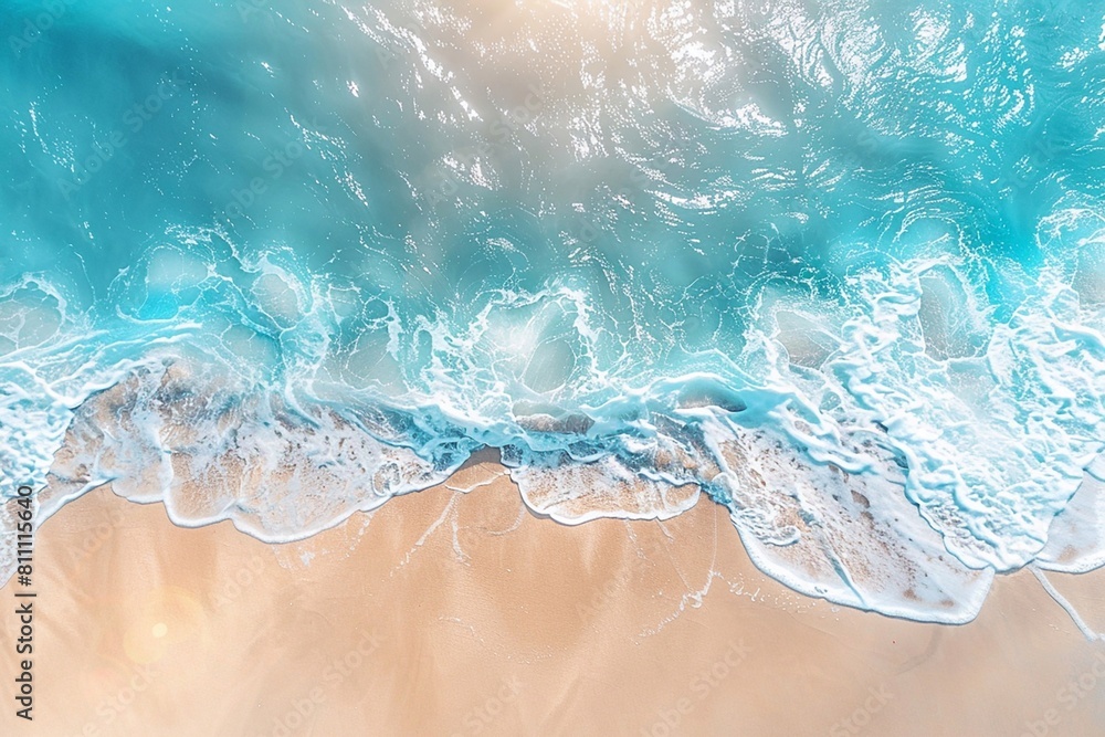 3D rendered abstract sandy beach from above with clear blue water waves and sun rays, summer vacation background.