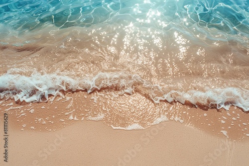 3D rendered abstract sandy beach from above with clear blue water waves and sun rays  summer vacation background.