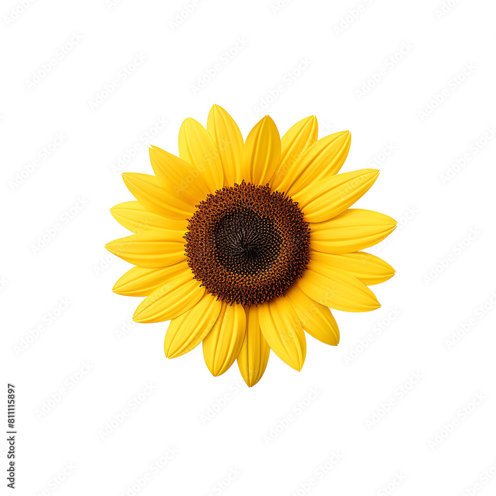 A golden sunflower with a dark brown center, set against a transparent background A golden sunflower with a dark brown center, set against a transparent background