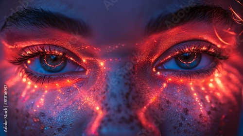 The image shows a woman's eyes with glowing red and blue veins. photo