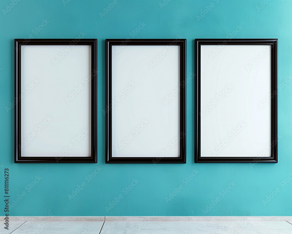 Trio of black frames against a cerulean blue wall crisp and inviting