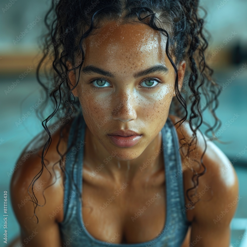 An African American woman with freckled hair and striking blue eyes ...