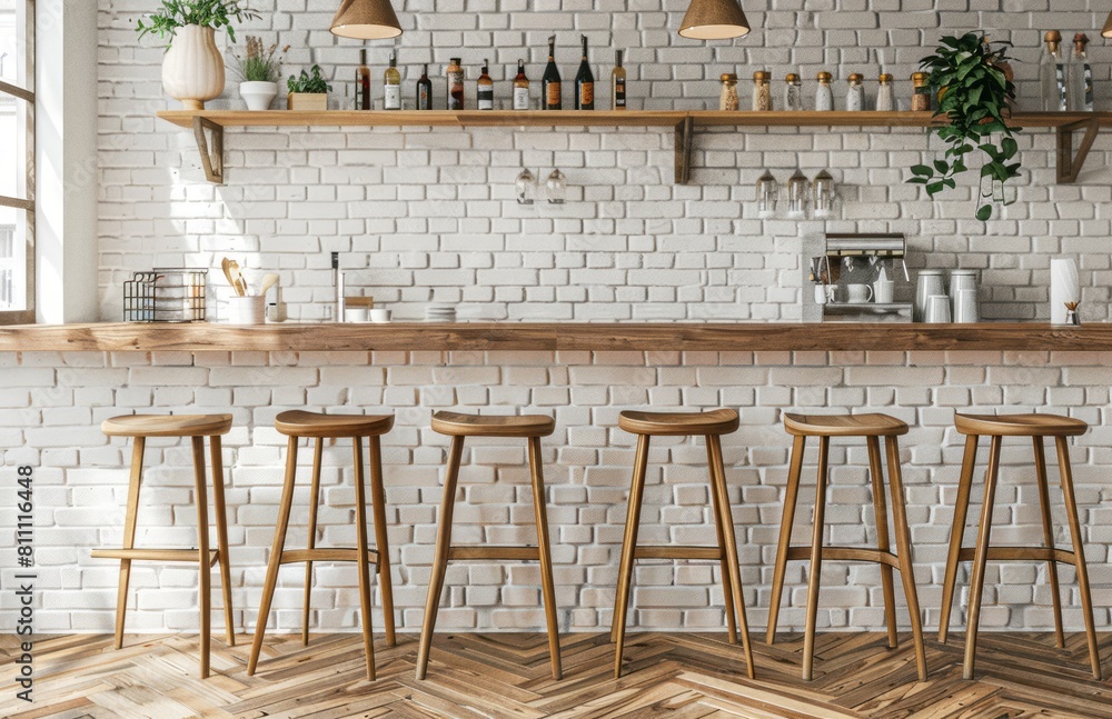 White brick wall with wooden barstools, light wood herringbone floor, minimalistic interior design of a modern cafe or coffee shop kitchen area with natural lighting