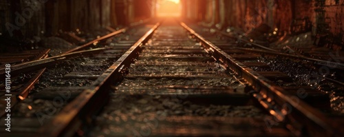 Cinematic railroad tracks lit by warm sunlight.HDRI.