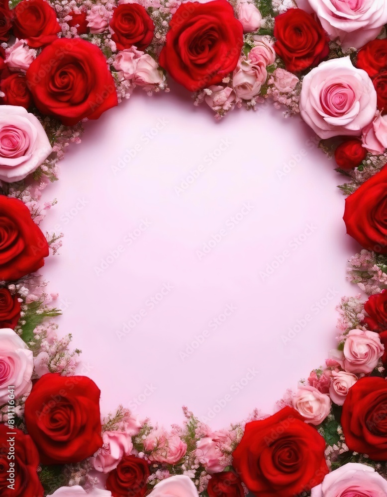 red and pink roses on a pink background. floral frame with place for text.