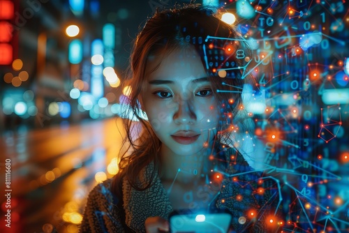 A young woman stands in the center of an urban street, looking at her phone with expressionless eyes as digital figures and code swirl around her photo
