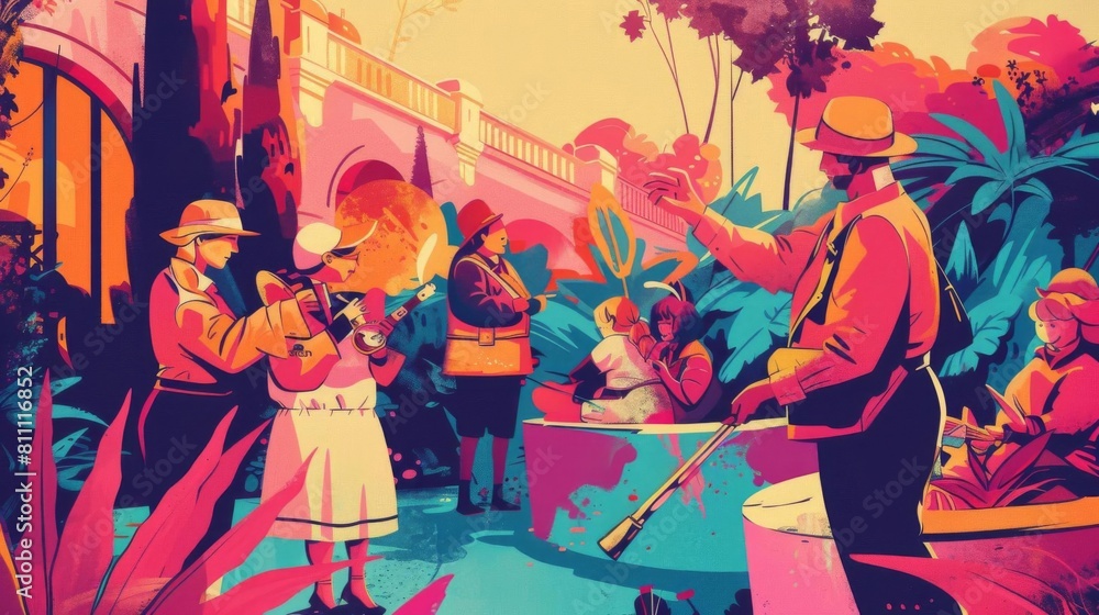 A colorful illustration of a group of people playing music in a garden. The people are wearing vintage clothing and the background is filled with lush plants and flowers. A colorful illustration of a group of people playing music in a garden. The people are wearing vintage clothing and the background is filled with lush plants and flowers.