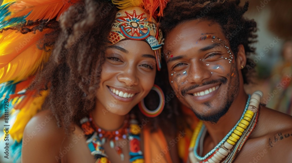 Joyful Brazilian Couple Celebrating Carnival With Vibrant Costumes and Heartwarming Smiles