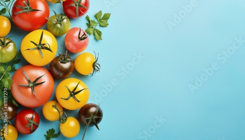Verschiedene Sorten von Tomaten in unterschiedlichen Farbe auf hellblauem Hintergrund, Raum für Text, Sommer photo