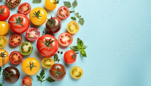 Verschiedene Sorten von Tomaten in unterschiedlichen Farbe auf hellblauem Hintergrund, Raum für Text, Sommer photo