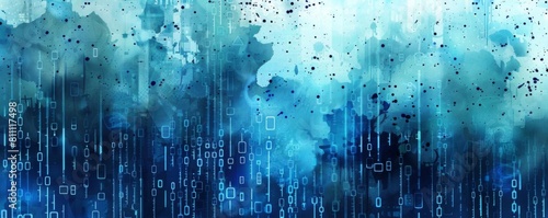 Blue watercolor background with binary code.