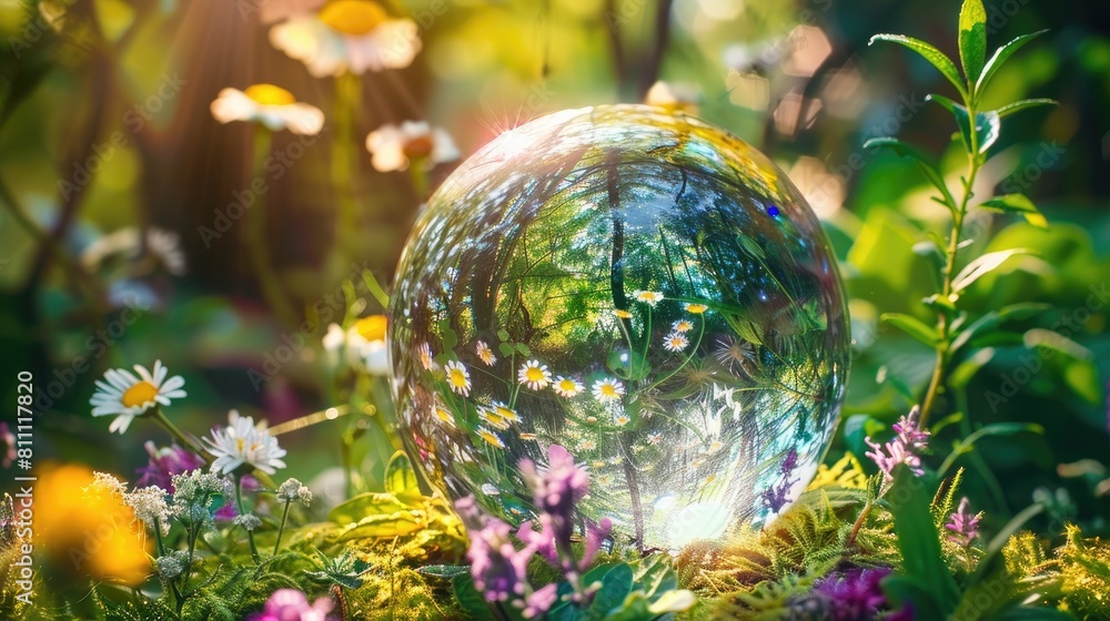 Immerse yourself in the enchanting essence of a mystical crystal ball nestled among wildflowers and herbs in the heart of a forest set against a backdrop of nature s purest beauty This clea Immerse yourself in the enchanting essence of a mystical crystal ball nestled among wildflowers and herbs in the heart of a forest set against a backdrop of nature s purest beauty This clea