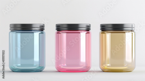 jars with liquid 3d illustration of various blank cosmetic container mock-ups, including jar, pump bottle, cream tube, and dropper, isolated on white background