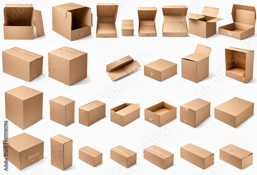 set of cardboard boxes. Assorted sizes. Opened and closed. White background.