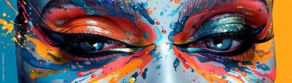 Obraz premium A vibrant close-up of human eyes adorned with colorful artistic makeup, paint swirls, and sparkling gems, creating a captivating visual.