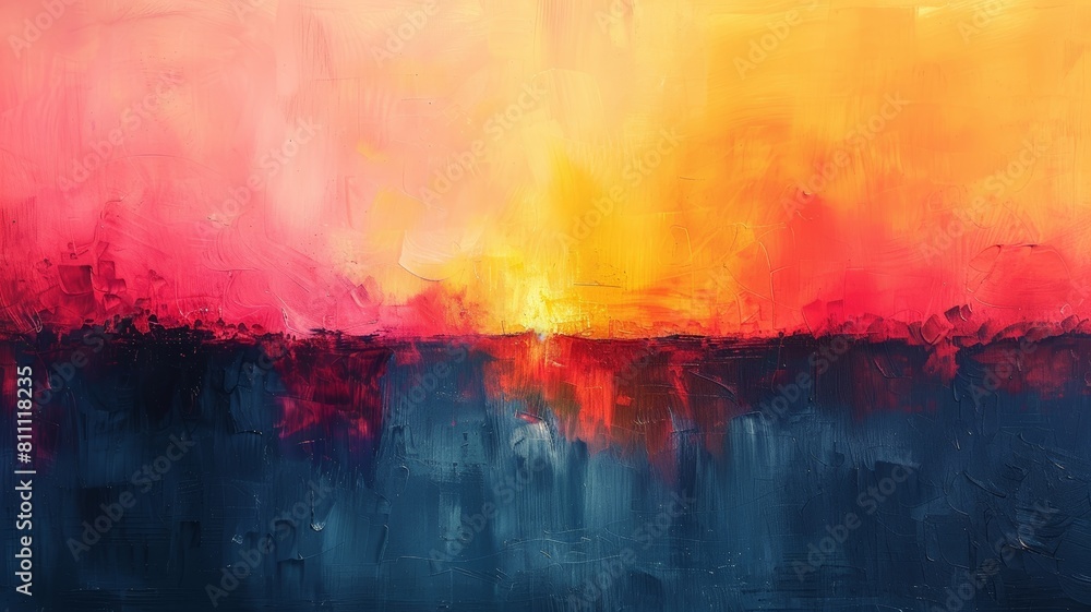 Fototapeta premium The painting is a vibrant depiction of a sunset over the ocean
