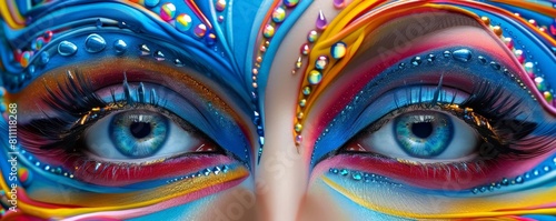 A vibrant close-up of human eyes adorned with colorful artistic makeup, paint swirls, and sparkling gems, creating a captivating visual.