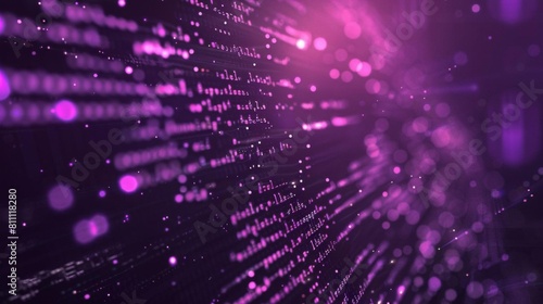 Create a glowing purple technology background with binary code falling from top right to bottom left.