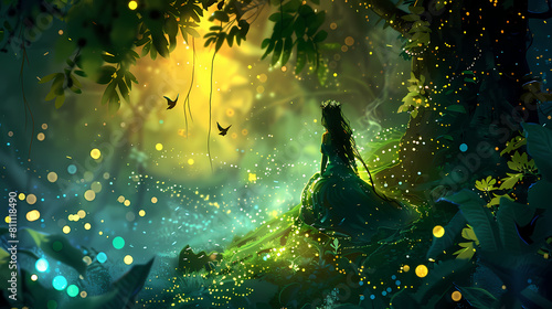 illustration of parity woman as a forest spirit in the middle of magic forest anime