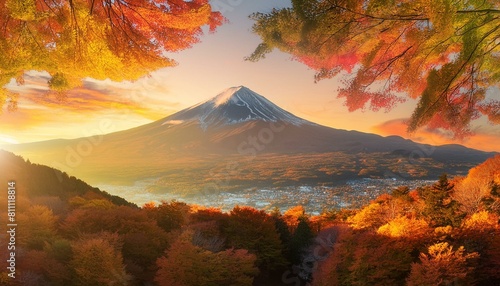 Blick auf Mount Fuji im Herbst mit einer Wolkendecke, weiches Licht, Urlaub, Jahreszeit, Reisen photo
