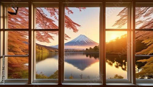Blick durch ein Fenster auf Mount Fuji und einen See im Herbst  weiches Licht  Urlaub  Jahreszeit  Reisen