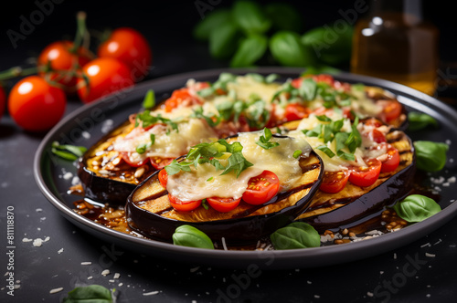Baked eggplant halves with melted cheese, cherry tomatoes, and fresh basil on a plate, with olive oil bottle and tomato branch in the background.