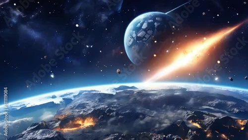 Meteor glowing as it enters the Earth's atmosphere. Planet Earth and big asteroid in the space. Potentially hazardous asteroids. Asteroid in outer space near earth planet. photo