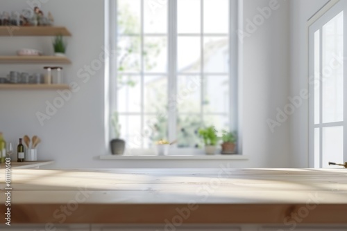 White kitchen with a window  white walls and a wood countertop in a simple style. An interior design mockup with high resolution